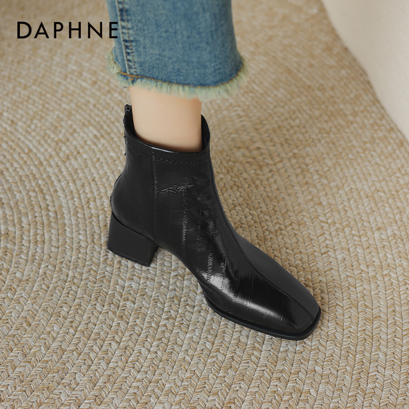 达芙妮真皮短靴女漆皮高跟马丁靴