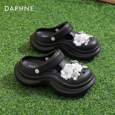 达芙妮黑色厚底洞洞鞋一脚蹬拖鞋