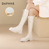 达芙妮白色长筒靴子女2026新款 秋冬厚底骑士靴白色长靴女高筒靴鞋