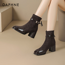达芙妮短靴女2025新款瘦瘦靴粗跟妈妈高跟鞋女款冬季加绒马丁靴子