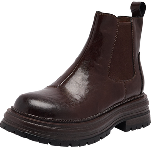 达芙妮棕色短靴子女2025新款秋冬爆款加绒小踝靴厚底真皮切尔西靴