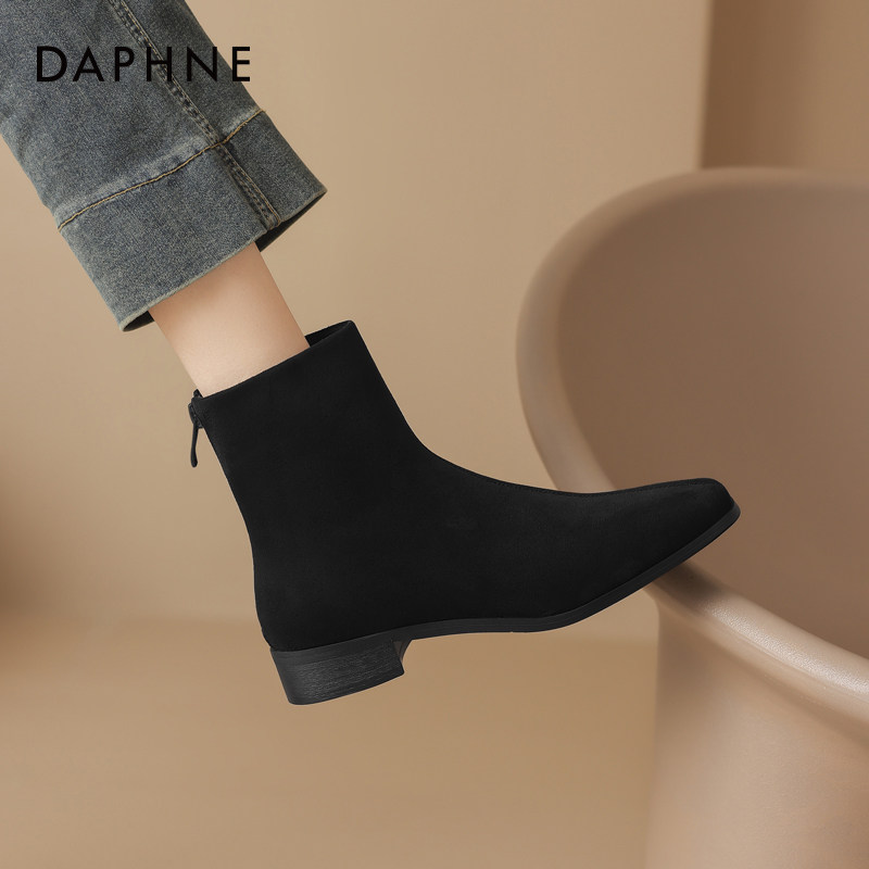 达芙妮粗跟短靴女2026春季黑色弹力绒面瘦瘦靴春款法式妈妈鞋踝靴