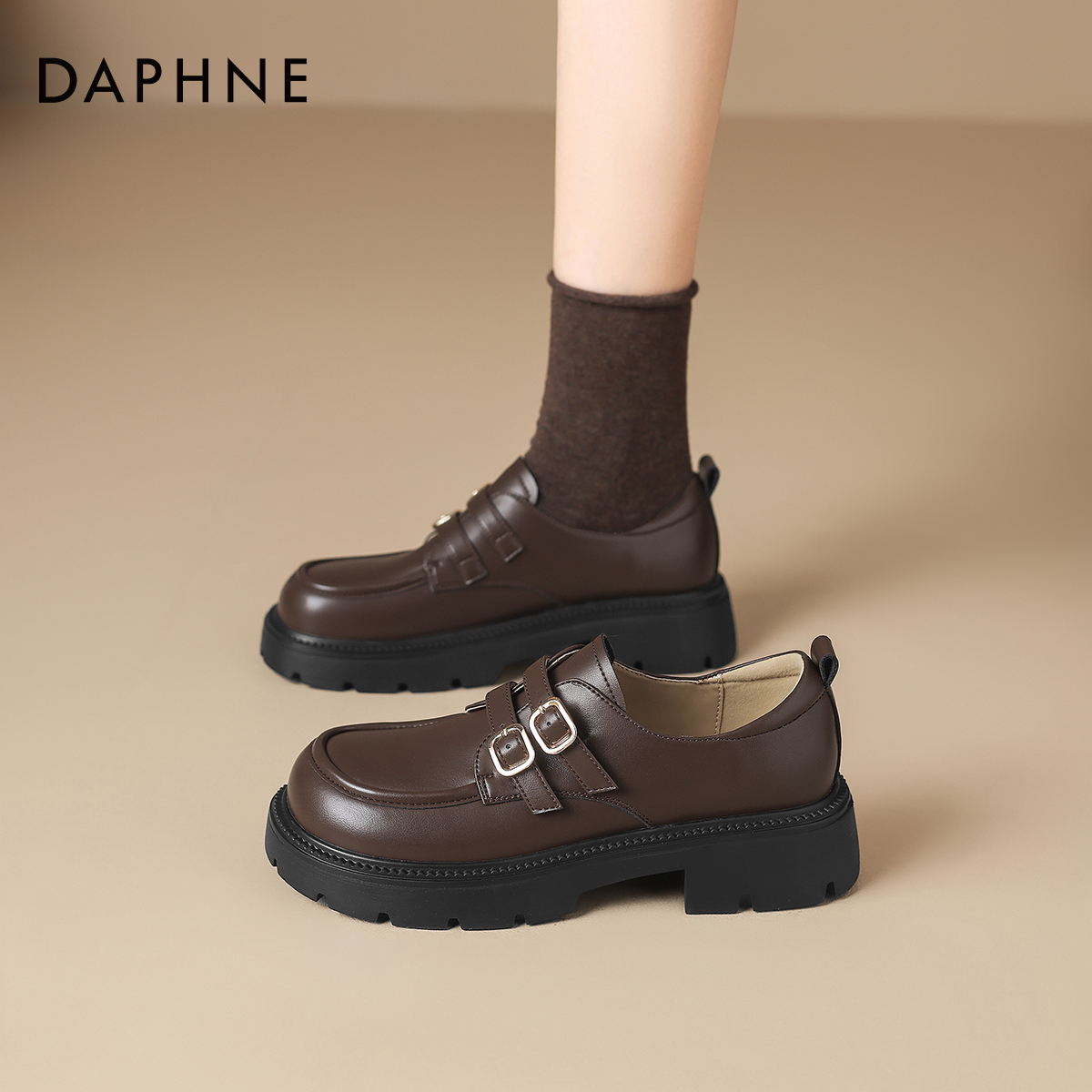 英伦风棕色厚底乐福鞋一脚蹬