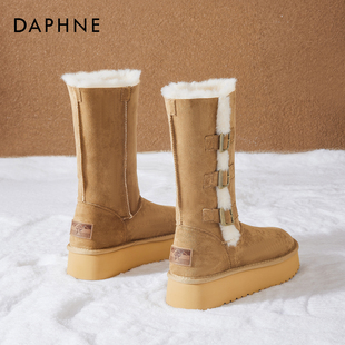 防寒毛毛长筒靴 中筒加绒保暖棉鞋 达芙妮厚底雪地靴女2025冬季 新款