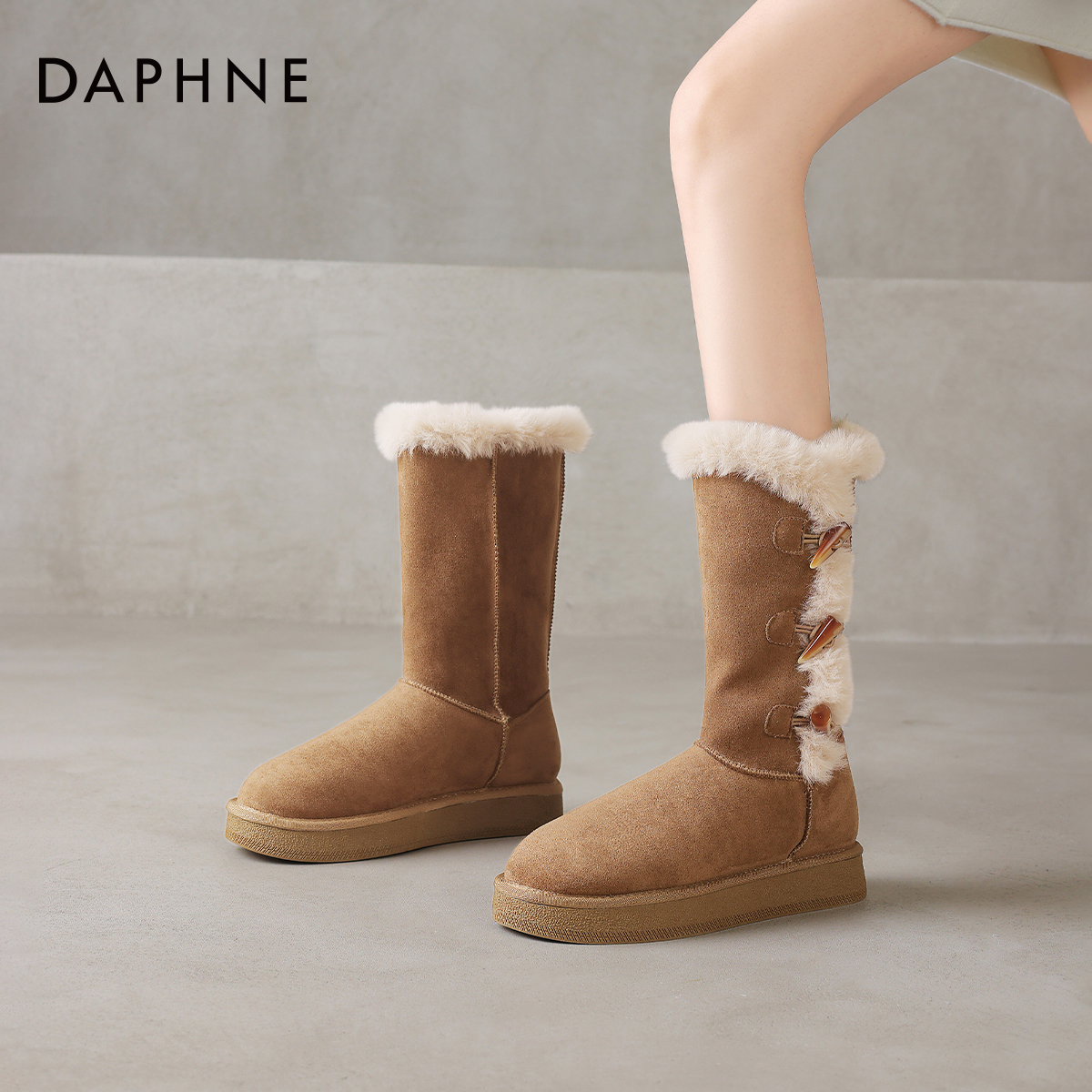 长筒雪地靴女棕色加绒保暖棉靴子