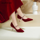 女2026新款 细跟水钻婚鞋 新娘鞋 达芙妮红色高跟鞋 秀禾不累脚单鞋 女