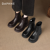 秋冬季 达芙妮高跟厚底棕色小短靴2026新款 女款 加绒马丁皮靴女靴子