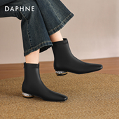 达芙妮黑色小短靴女2025新款 秋冬靴子方头瘦瘦靴粗跟英伦风马丁靴