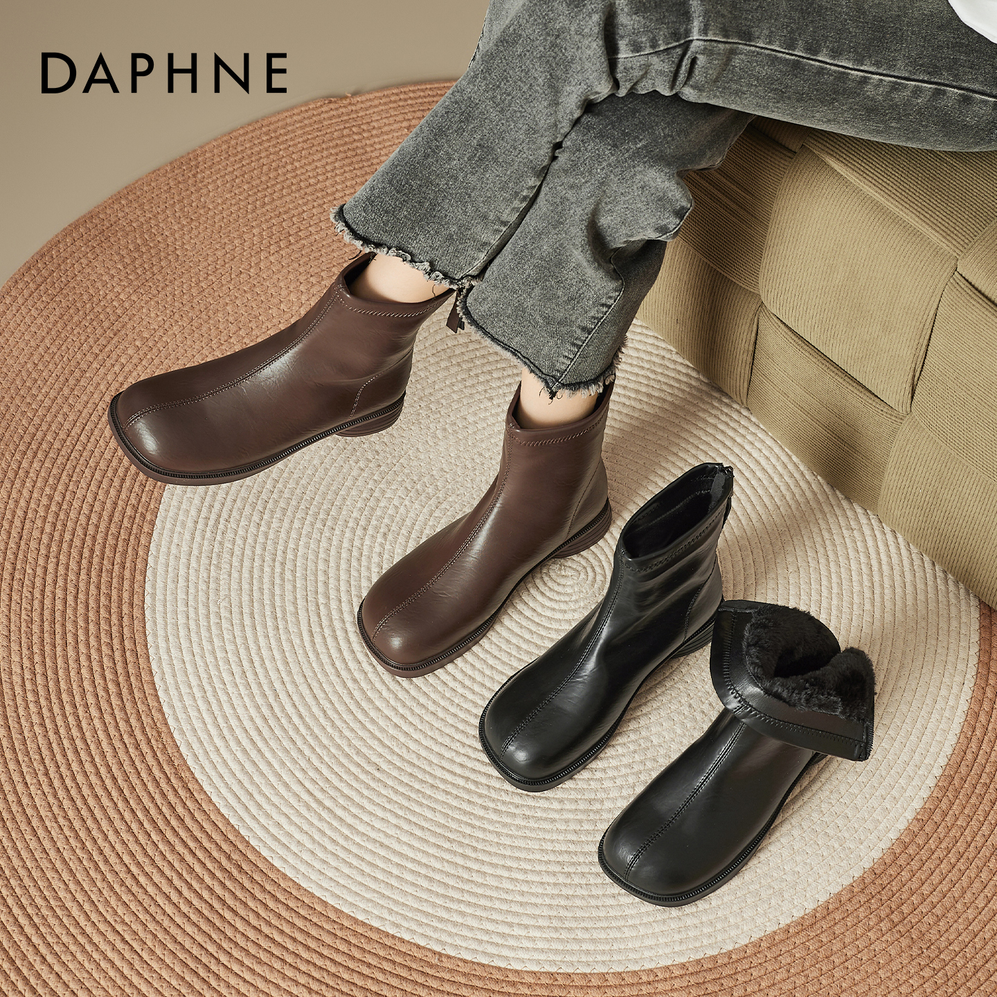 达芙妮美拉德棕色短靴洋气小踝靴