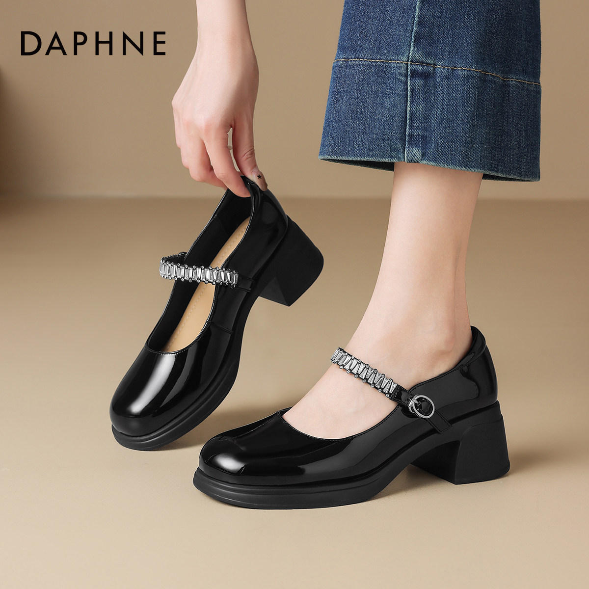 达芙妮玛丽珍女鞋2025新款高跟粗跟单鞋黑色漆皮jk英伦风小皮鞋夏,女鞋,浅口单鞋,淘宝优惠券,粉丝福利购,淘宝优惠卷