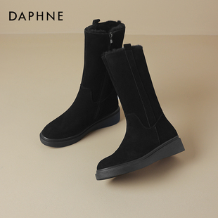 达芙妮雪地靴女2023新款 加绒加厚靴子黑色坡跟中筒保暖棉靴女 冬季