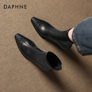 瘦瘦靴高跟靴 高跟黑色粗跟复古法式 达芙妮尖头短靴女2025新款 秋季