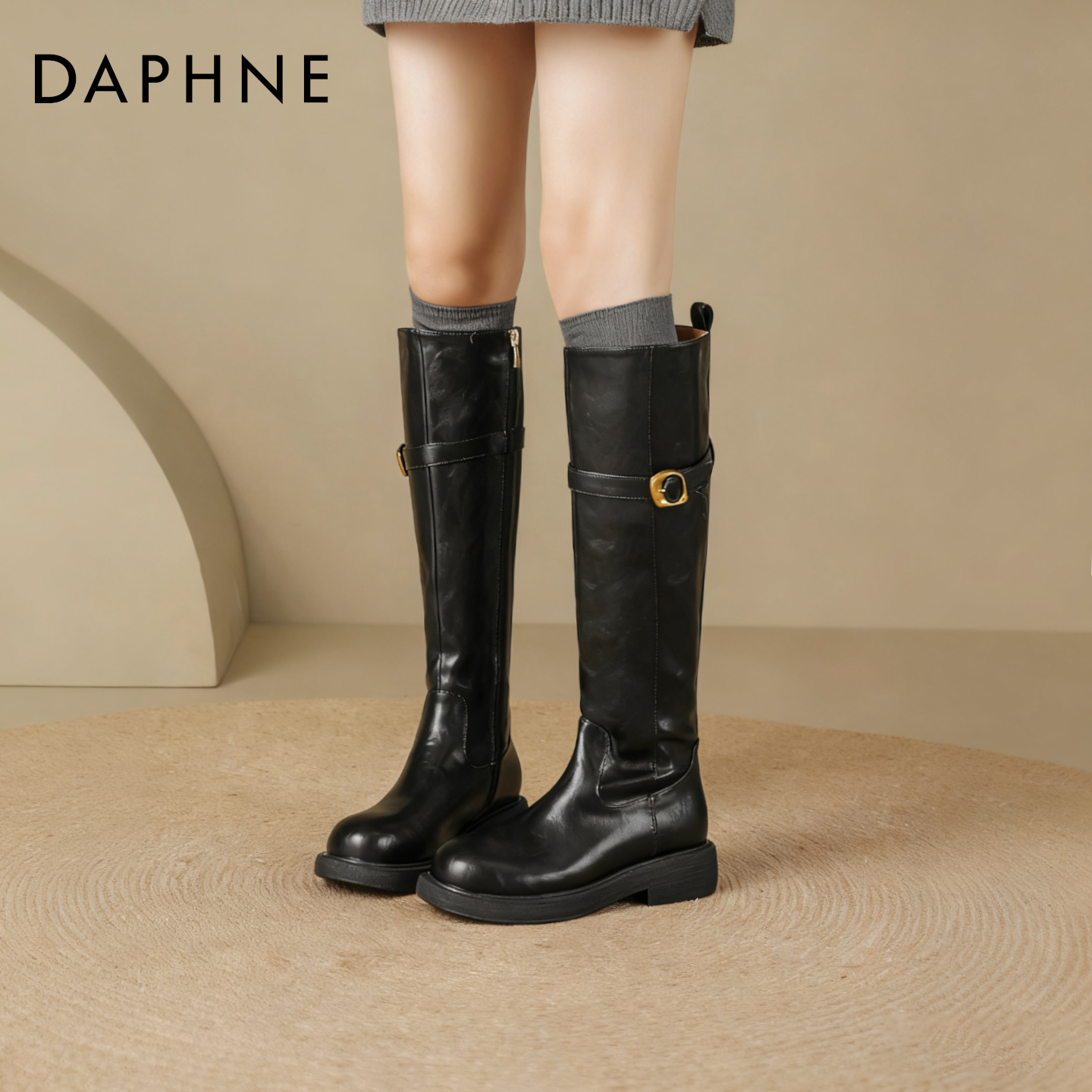 达芙妮黑色长筒靴女秋季骑士靴