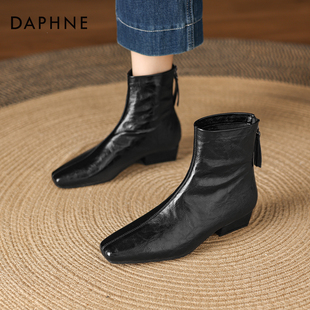 达芙妮平底短靴女款2025新款瘦瘦靴秋冬加绒黑色靴子切尔西马丁靴