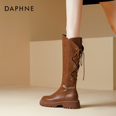 达芙妮棕色系带长筒靴女老爆款 秋冬季 复古骑士靴小个子显瘦长靴