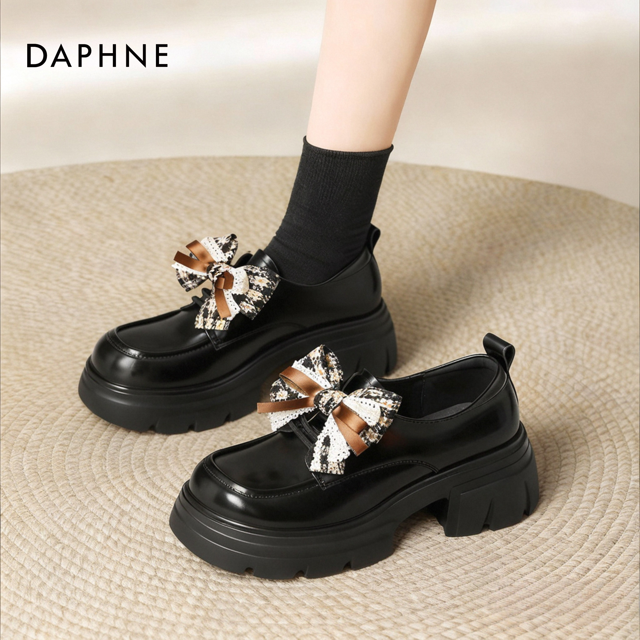 达芙妮黑色厚底小皮鞋女2026巨好看蝴蝶结JK系带乐福鞋英伦风单鞋,女鞋,乐福鞋（豆豆鞋）,淘宝优惠券,粉丝福利购,淘宝优惠卷