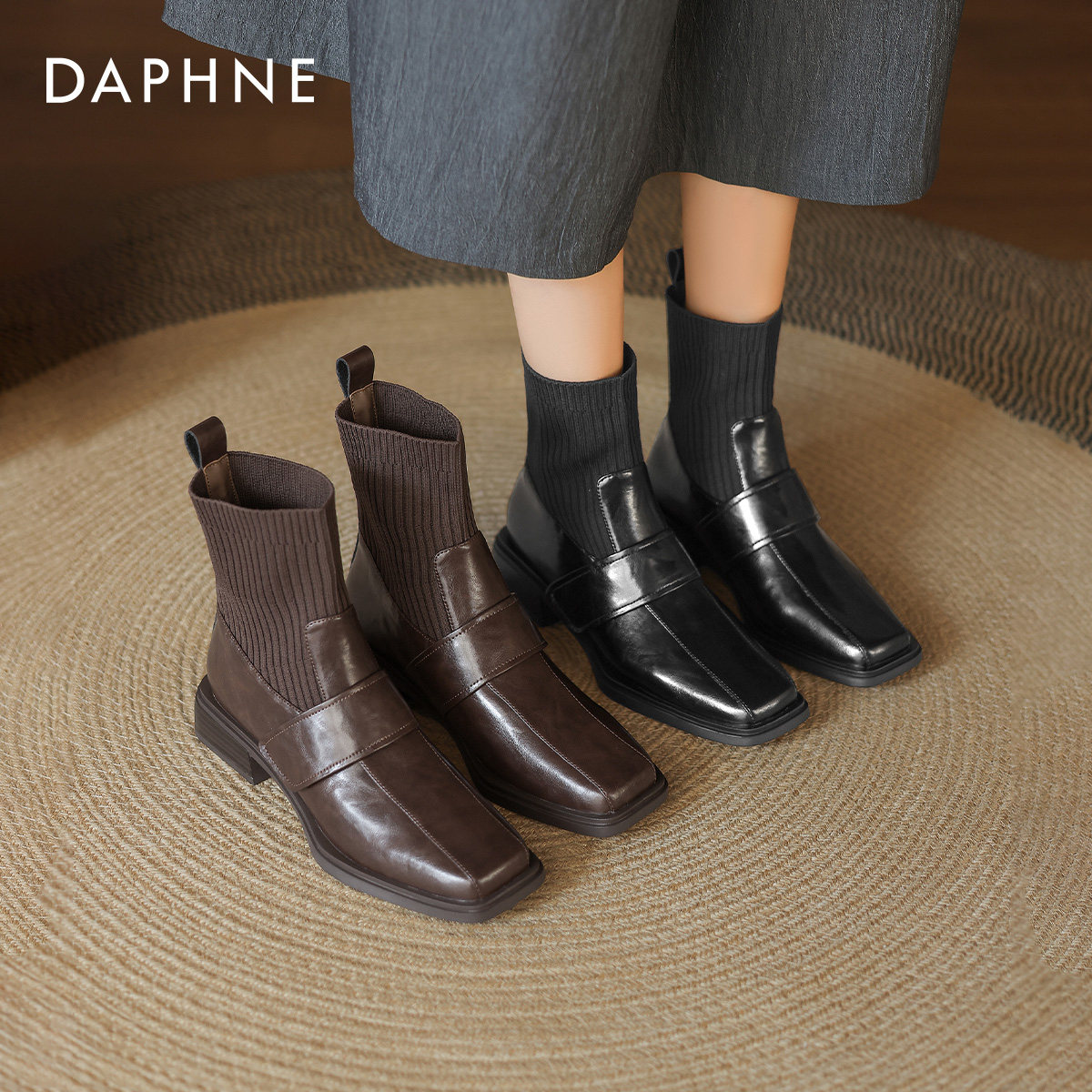达芙妮方头短靴女2026新款秋冬皮靴切尔西靴粗跟瘦瘦靴子弹力袜靴,女鞋,时装靴,淘宝优惠券,粉丝福利购,淘宝优惠卷