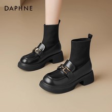 达芙妮厚底短靴女2025新款靴子袜靴小皮鞋乐福鞋加绒冬季马丁女靴