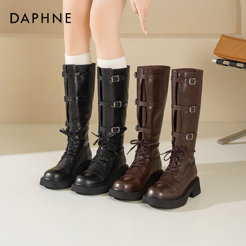 达芙妮厚底长筒靴女机车骑士靴子