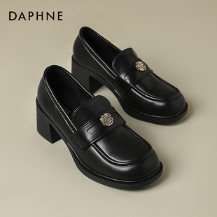 子复古山茶花粗跟英伦小皮鞋 通勤单鞋 女2025新款 达芙妮高跟乐福鞋