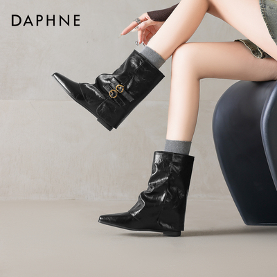 黑色尖头堆堆短筒皮靴增高显瘦