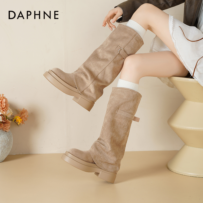 达芙妮厚底裤管靴增高显瘦长筒靴