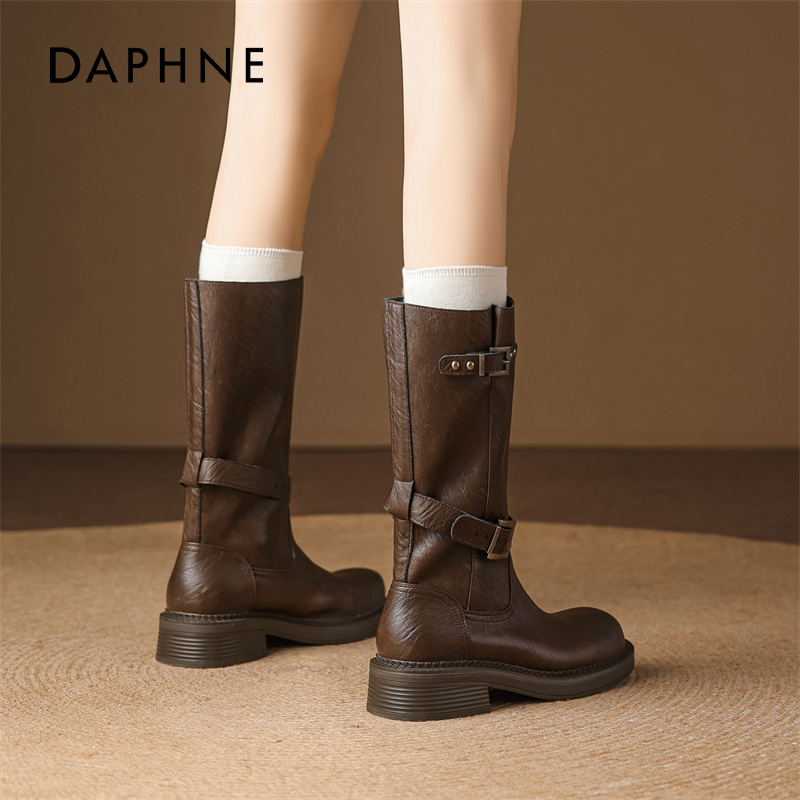 达芙妮复古棕色长筒靴女
