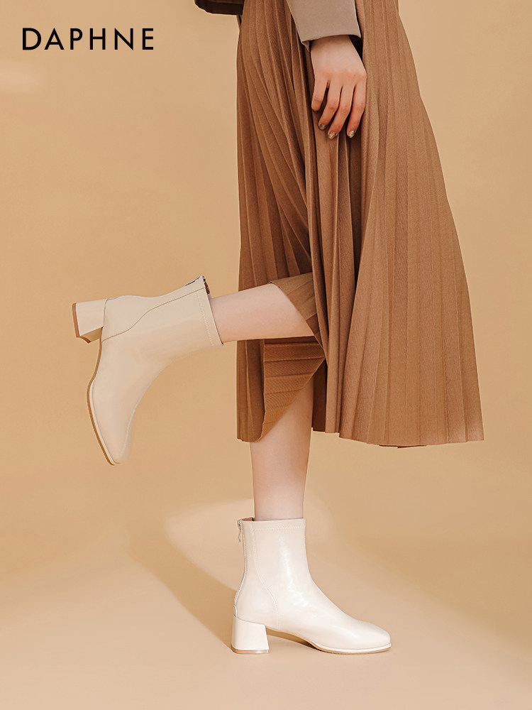 DAPHNE LEATHER BOOTS WOMENS 2024 NEW FALL-WINTER FLEECE SQUARE TOE SKINNY BOOTS VERSATILE COMMUTER CHELSEA BOOTS WOMEN