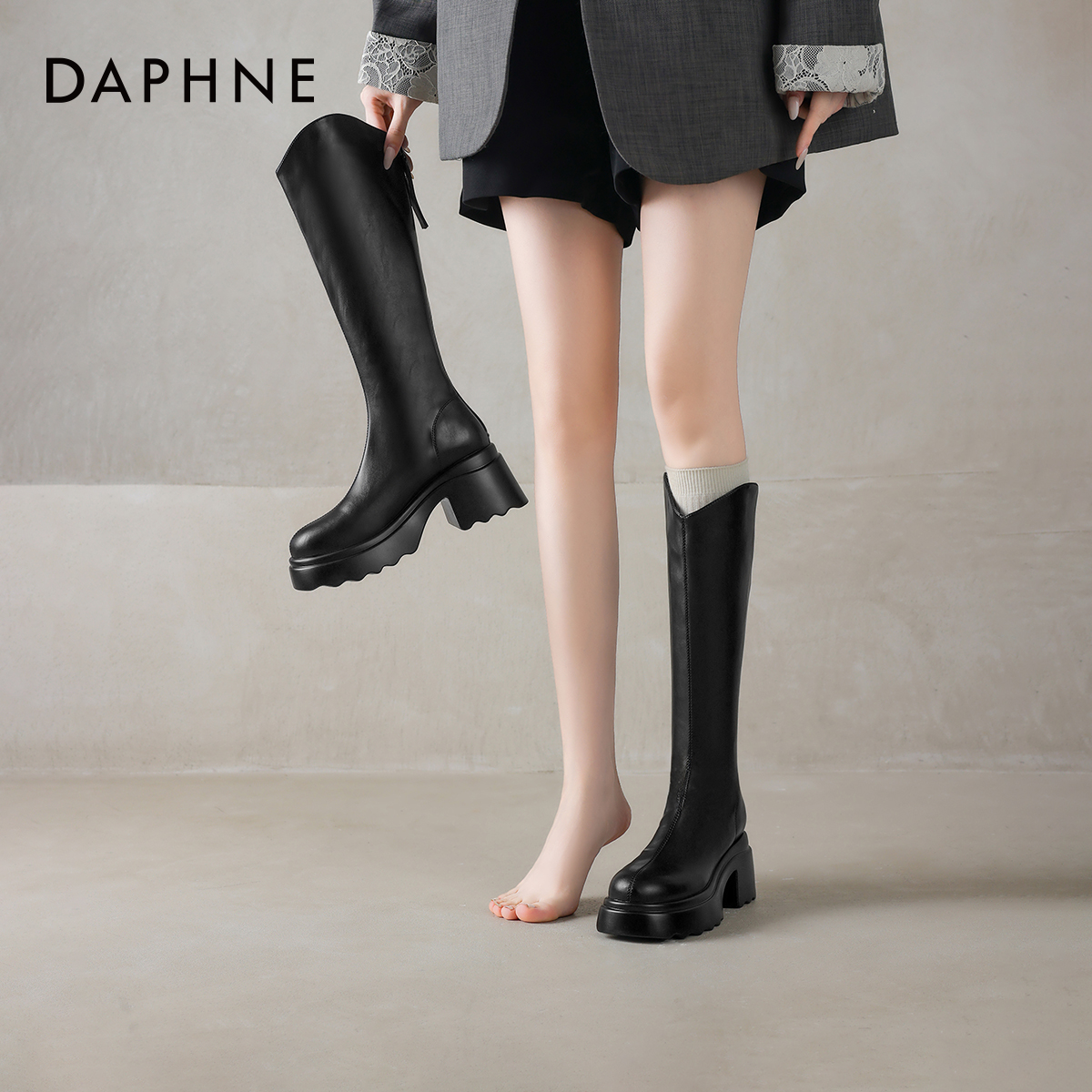 达芙妮厚底长筒靴秋冬加绒保暖