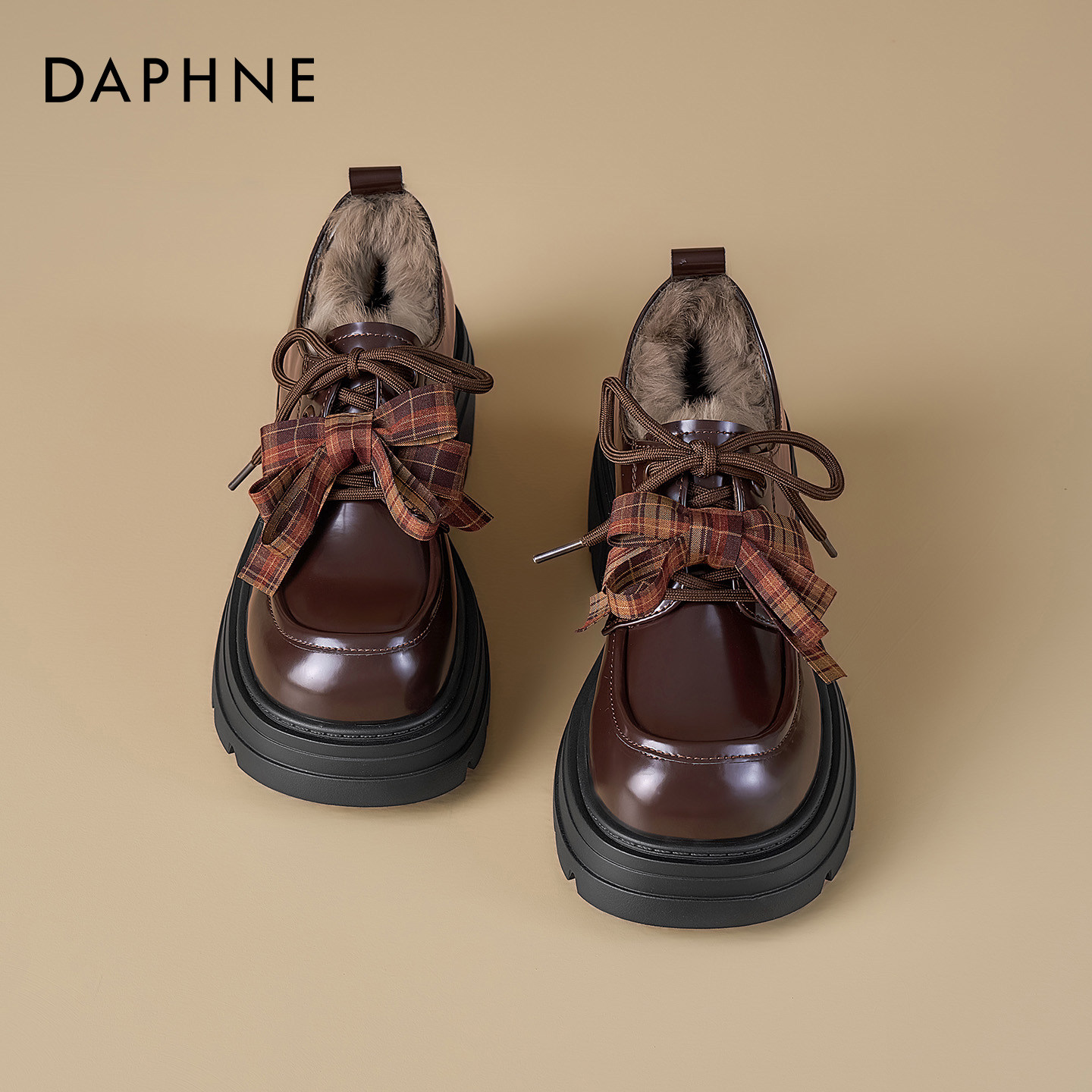 达芙妮厚底乐福鞋女加绒小皮鞋子