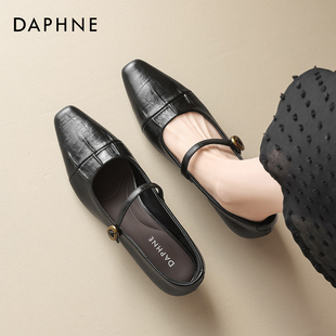 女2026春季 小皮鞋 新款 不累脚法式 方头浅口单鞋 达芙妮黑色玛丽珍鞋