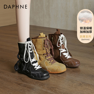 达芙妮美拉德棕色靴子女秋冬季 马丁靴短靴 加绒复古拳击靴2025新款