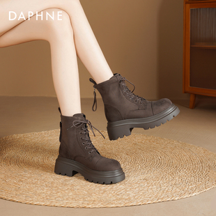 女鞋 秋季 绒面百搭棕色高跟靴子短靴 2025新款 达芙妮厚底马丁靴女款
