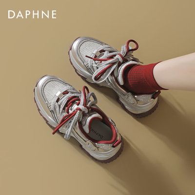 达芙妮厚底红色老爹鞋女增高透气