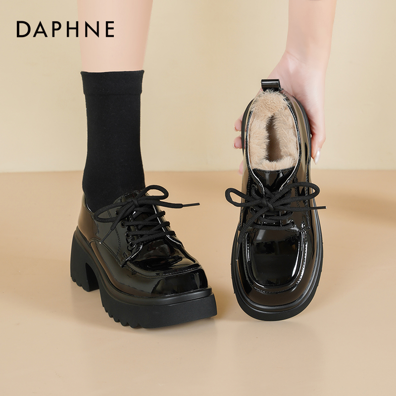 达芙妮厚底乐福鞋加绒小皮鞋单鞋