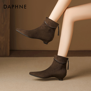 达芙妮加绒短靴女2025冬季新款法式气质小踝靴复古绒面棕色瘦瘦靴