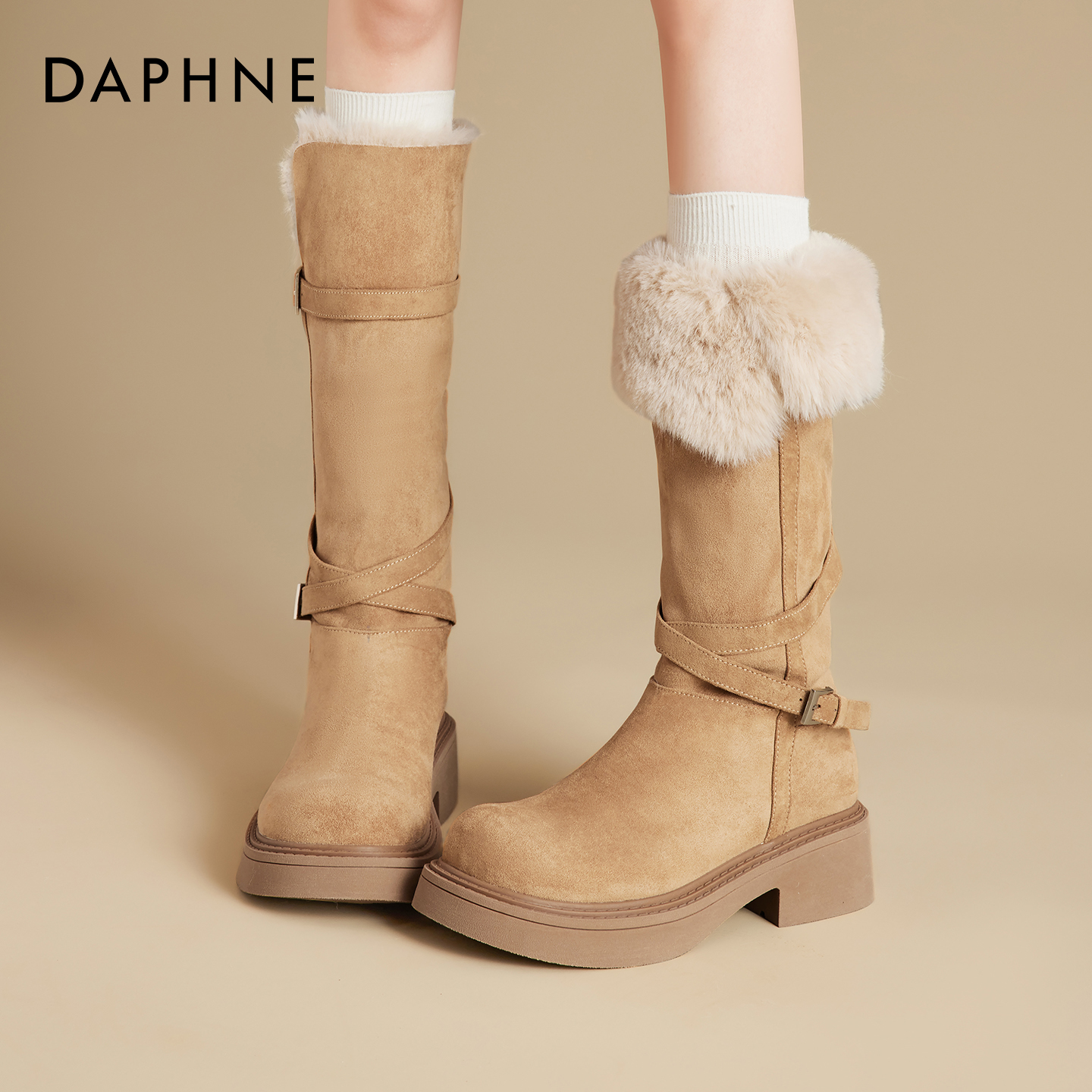 达芙妮两穿高筒雪地靴女加绒