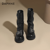 中筒靴厚底女靴裤 达芙妮加绒黑色堆堆靴女2026新款 冬季 管靴骑士靴