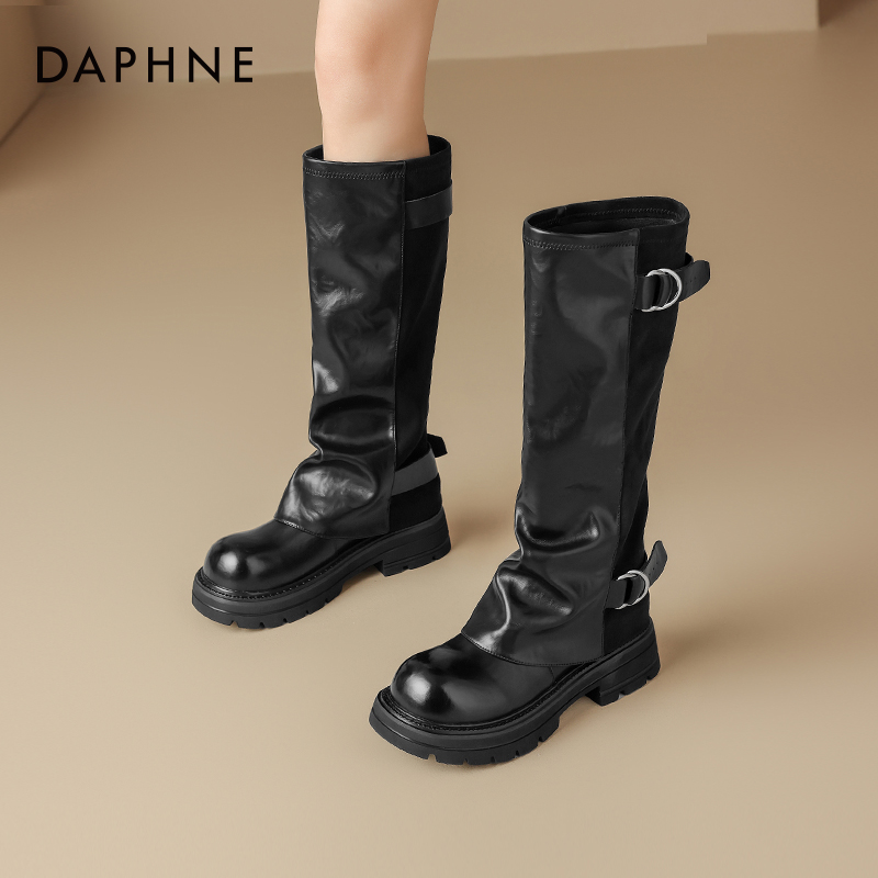 达芙妮厚底长筒靴女裤管靴骑士靴