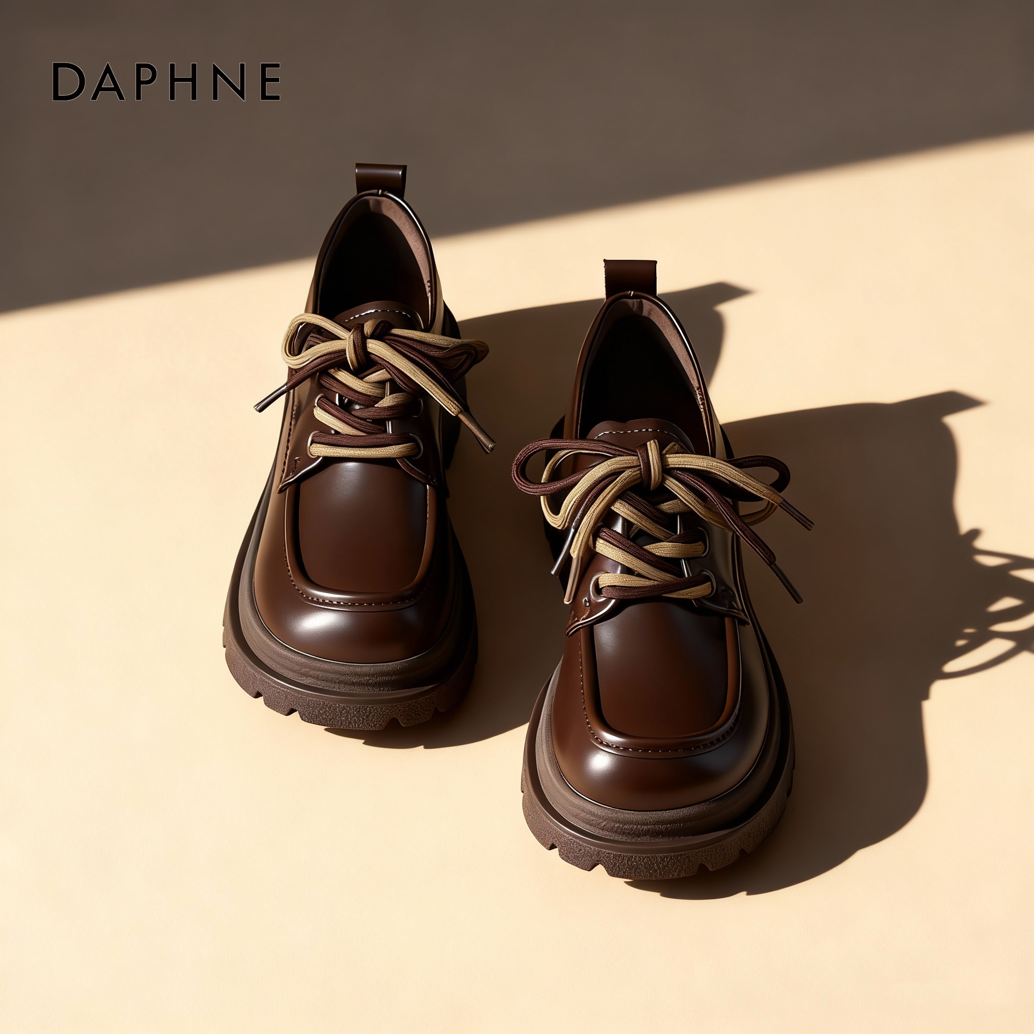 达芙妮棕色乐福鞋女系带小皮鞋