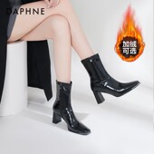 达芙妮高跟短靴女2025秋冬新款 漆皮显瘦短筒靴子方头粗跟瘦瘦靴女