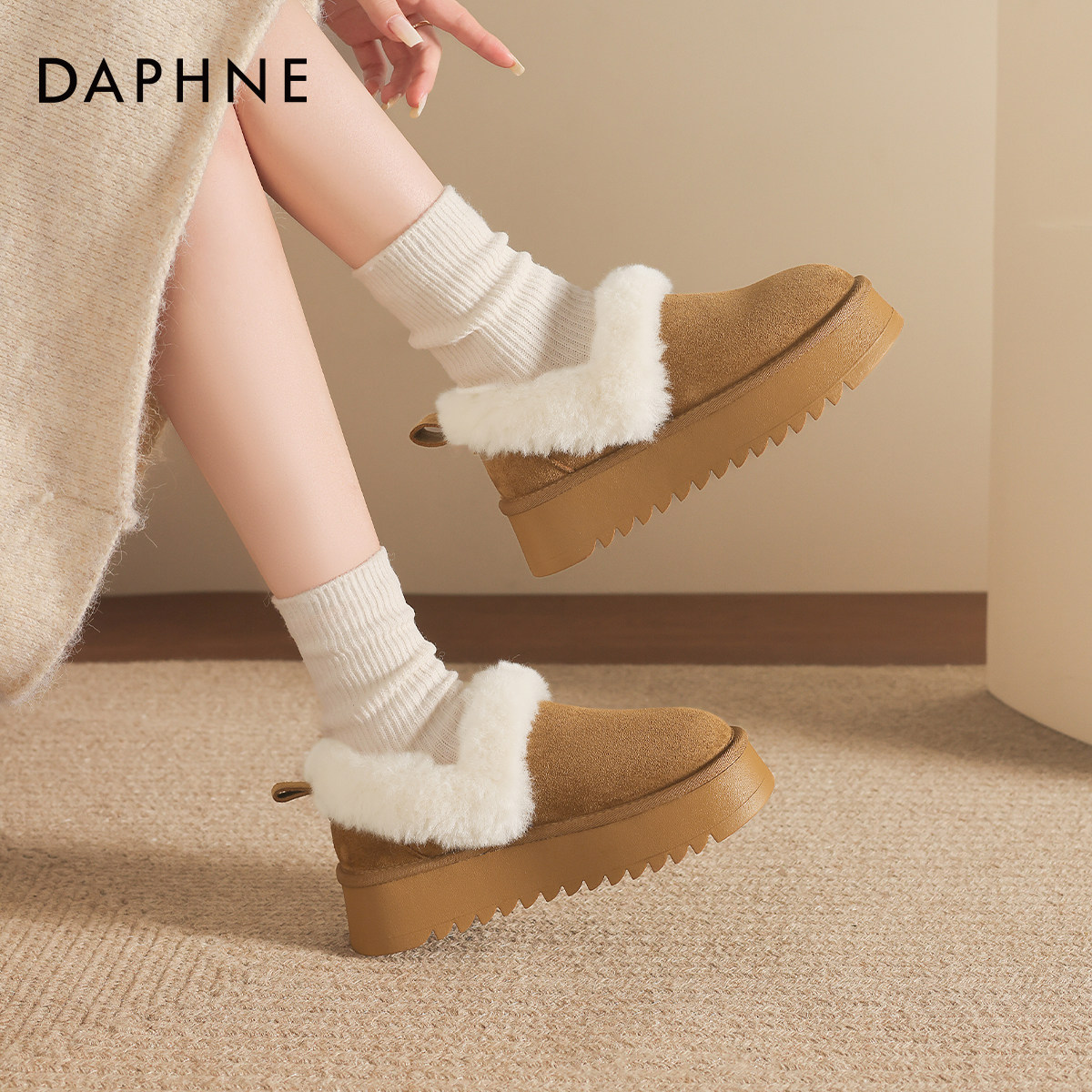 达芙妮毛毛雪地靴女款2026新款冬季厚底女鞋加绒保暖棉靴懒人毛鞋,女鞋,时尚雪地靴,淘宝优惠券,粉丝福利购,淘宝优惠卷