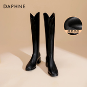 达芙妮长筒靴女骑士靴2023尖头长靴女秋季 V口高筒加绒高跟靴子女
