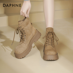 复古两穿大黄靴棕色绒面短靴子 秋季 达芙妮厚底马丁靴女款 2025新款