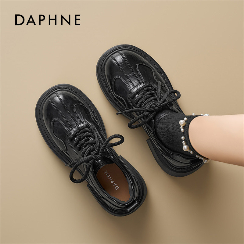 达芙妮厚底乐福鞋女款黑色小皮鞋