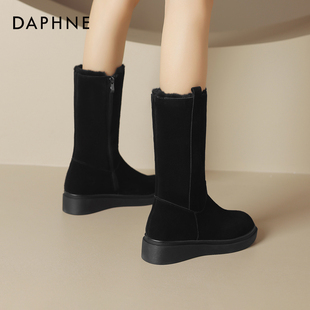 加绒加厚保暖靴子黑色坡跟中筒棉靴 2024新款 达芙妮雪地靴女款 冬季