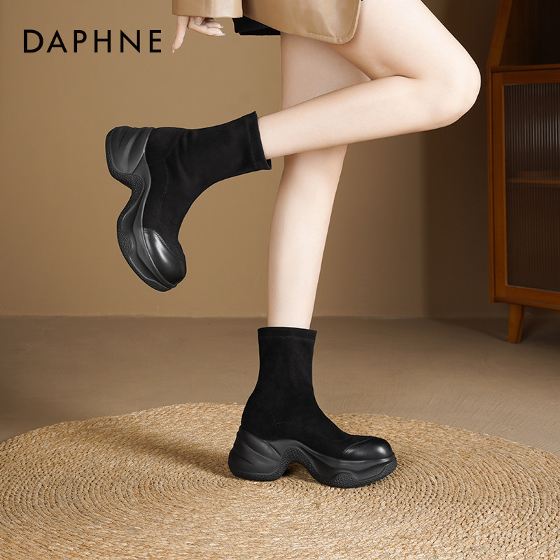 达芙妮厚底短靴女2025新款秋季女靴黑色复古增高瘦瘦靴弹力靴子女,女鞋,弹力靴/袜靴,淘宝优惠券,粉丝福利购,淘宝优惠卷