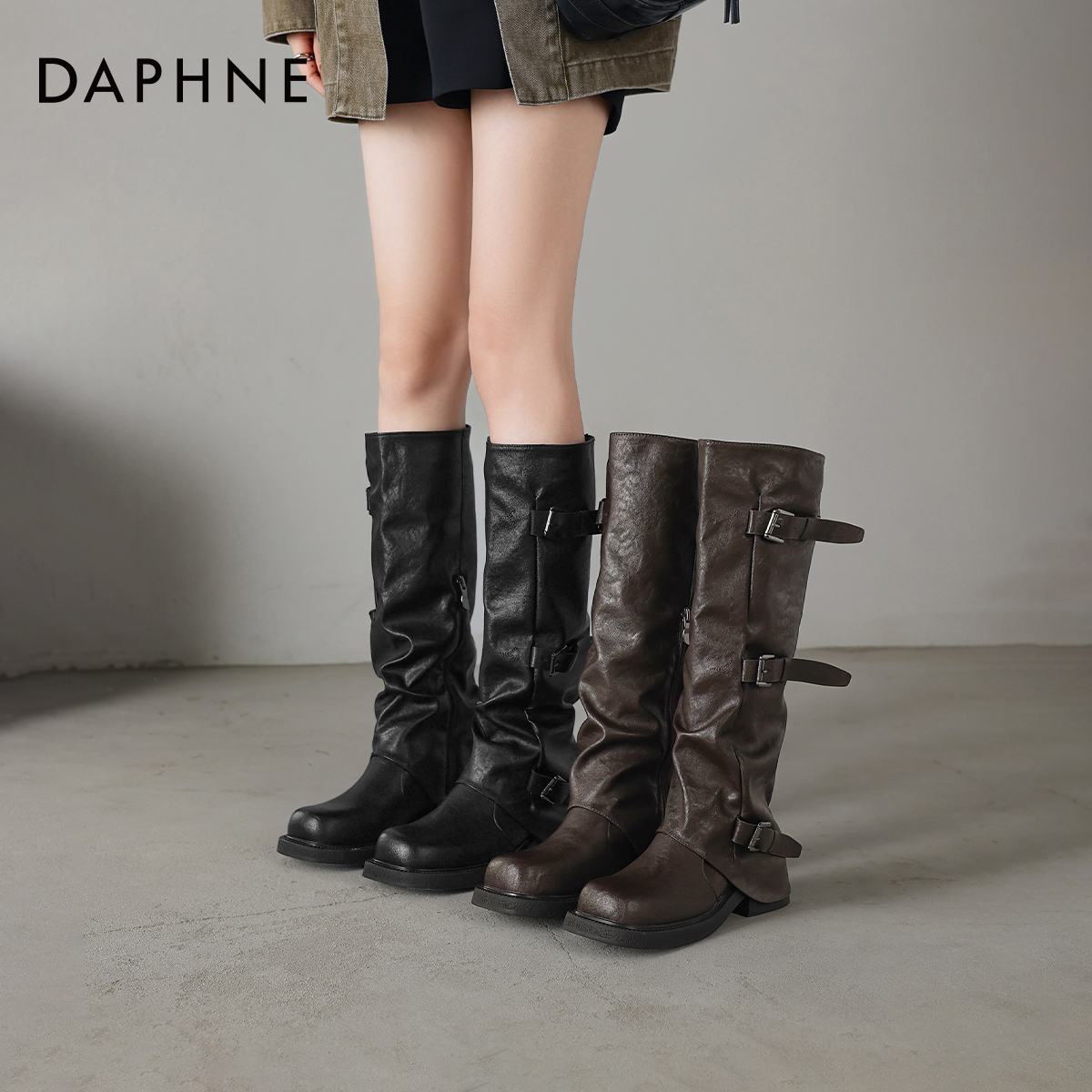 达芙妮黑色粗跟裤管靴堆堆骑士靴