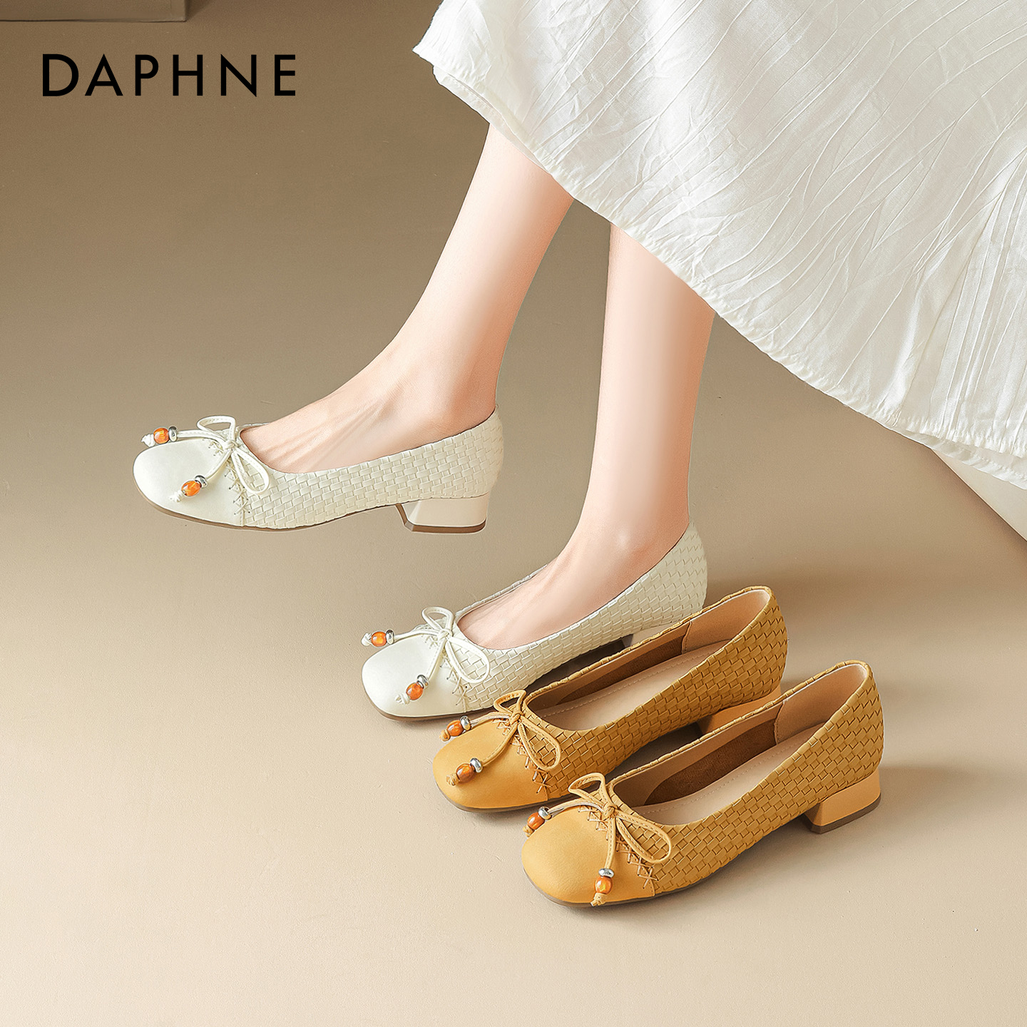 达芙妮编织芭蕾鞋女蝴蝶结单鞋子