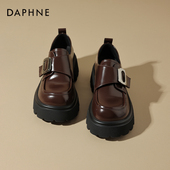 女2026新款 英伦风小皮鞋 女款 达芙妮棕色乐福鞋 厚底增高粗高跟单鞋